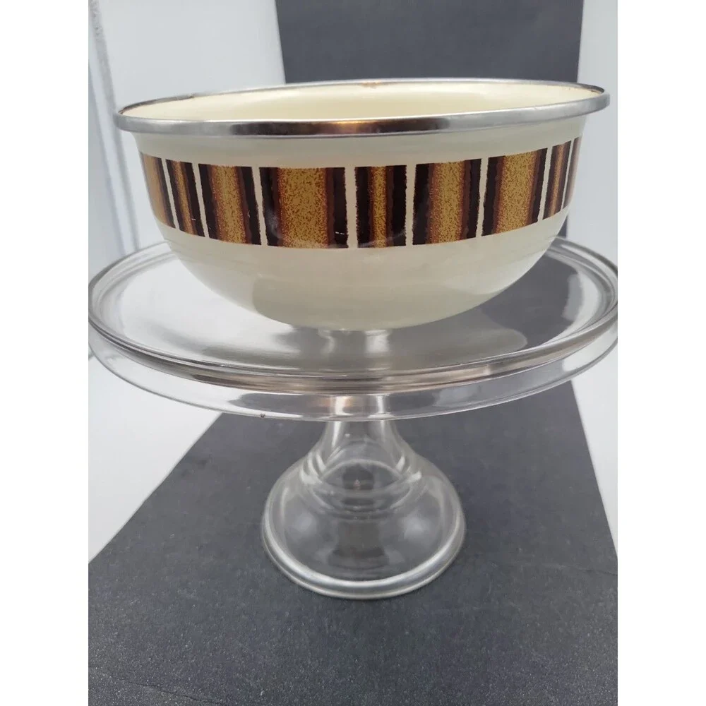 1960s Metal Enamel Mixing Bowl Set Brown Cream Retro Vtg 3 Piece Stripe Camping